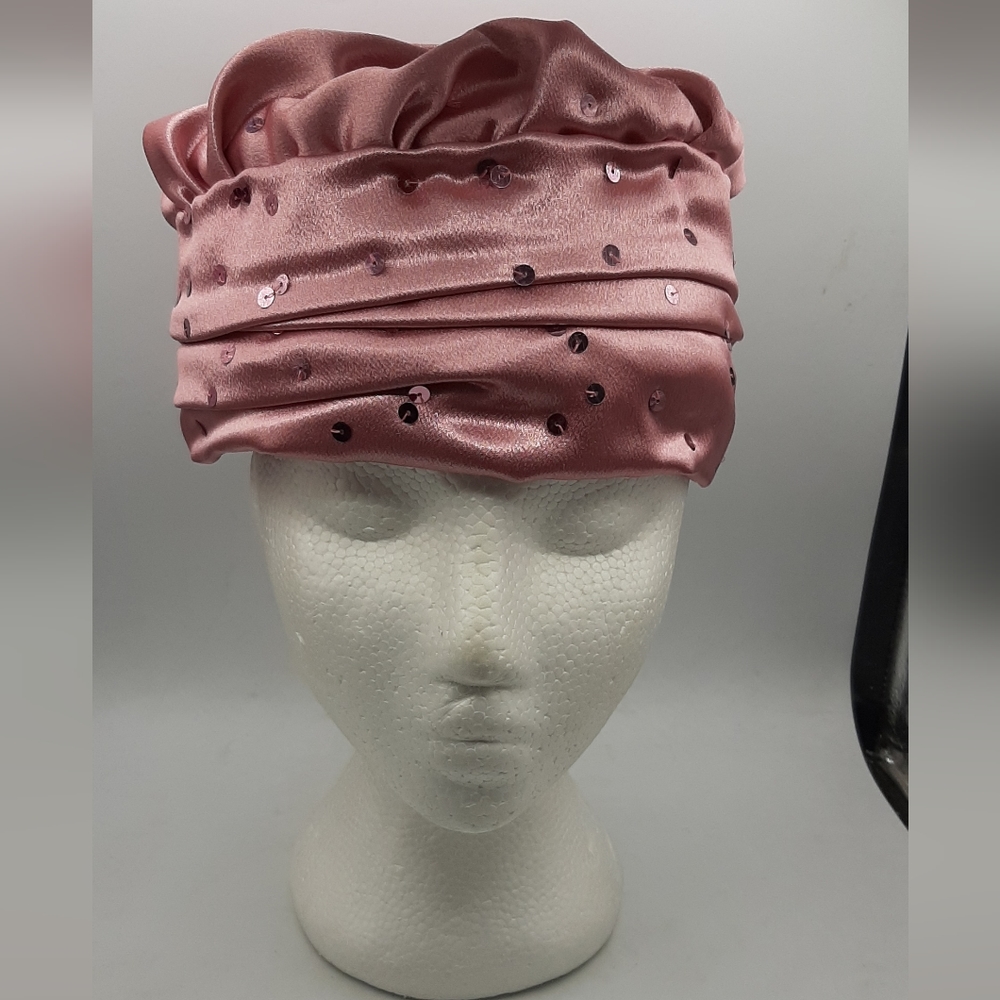 Vintage Handmade Dusty Rose Satin Hat Woman's Dressy Hat With Sequins Size 7?
